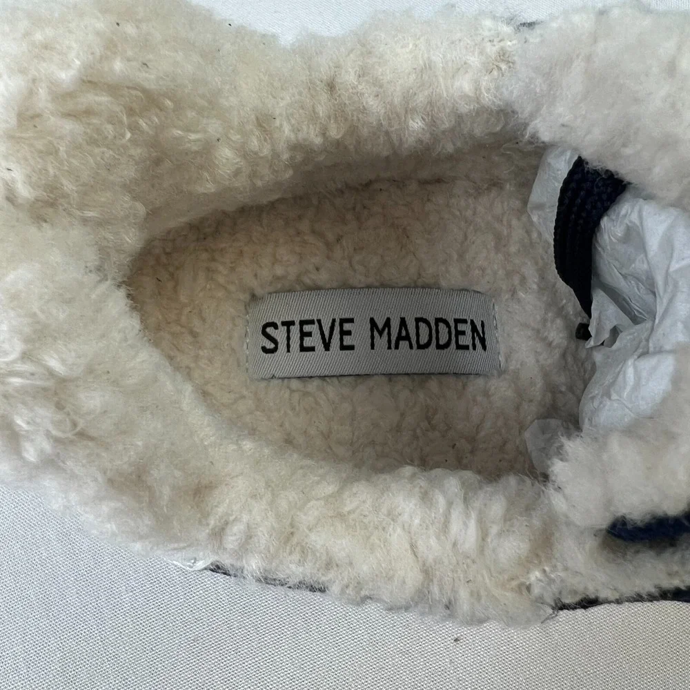 Steve Madden Women Shereen-F Sneakers Navy Suede Fur Leather Lace-Up Shoes Sz 7M